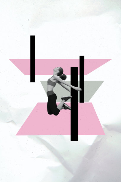 严肃的运动女孩穿着制服进行垂直艺术素描照片拼贴，跳跃普拉提热身锻炼，健康生活方式教练图片下载