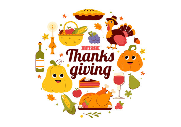 感恩节快乐矢量插图，包含火鸡、南瓜、秋叶和各种节日元素，背景为平面风格卡通。图片下载