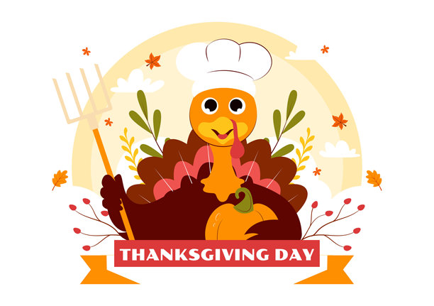 感恩节快乐矢量插图，包含火鸡、南瓜、秋叶和各种节日元素，背景为平面风格卡通。图片下载