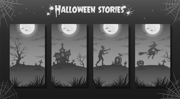 万圣节夜晚背景，故事插图合集。大大的发光月亮，僵尸，女巫图片下载