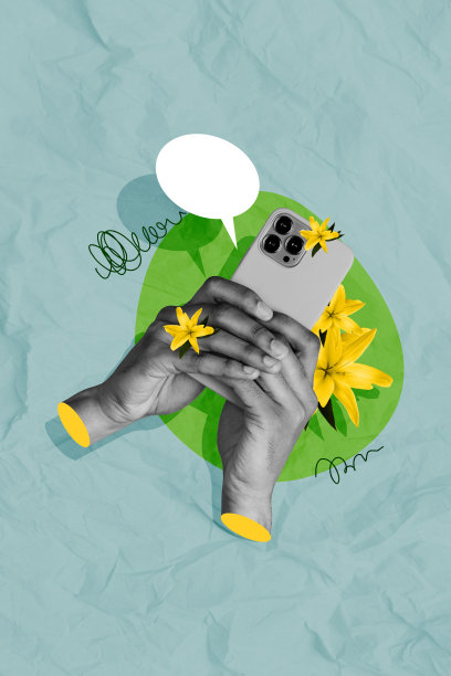 垂直照片拼贴，手持iPhone设备在线订购花卉服务，文本框消息显示百合花，背景为涂鸦风格。图片下载