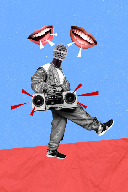 蓝色背景的综合趋势艺术照片拼贴，卡通风格的无忧派对休闲男士，手持麦克风，走动跳舞，抱着音响。图片下载