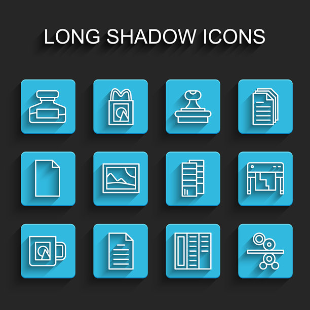 咖啡杯、文件、墨水瓶、宣传册、纸卷印刷机、风景图片、绘图仪和潘通图标。矢量图图片下载