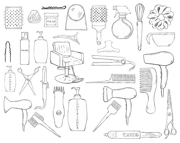 理发店剪发工具孤立物品套装。矢量图形线条墨水插图。发型师矢量图标套装。梳子、吹风机、画笔、剪刀、洗发水瓶套装。图片下载