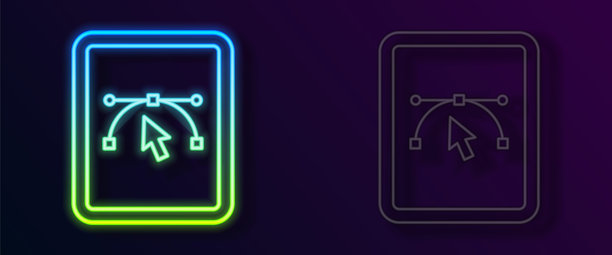 发光的霓虹线条计算机显示器，带有矢量设计程序图标，背景为黑色。带有用户界面的照片编辑软件。矢量图。图片下载