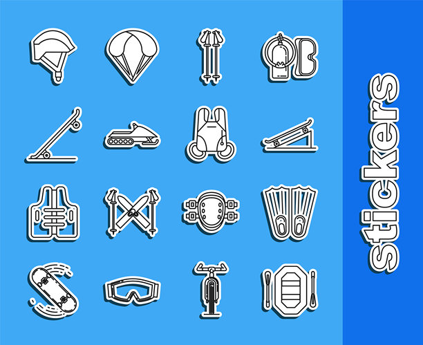 划水船、橡胶游泳脚蹼、街道坡道上的滑板、滑雪杖、雪地摩托、骑行头盔和降落伞图标。矢量图。图片下载