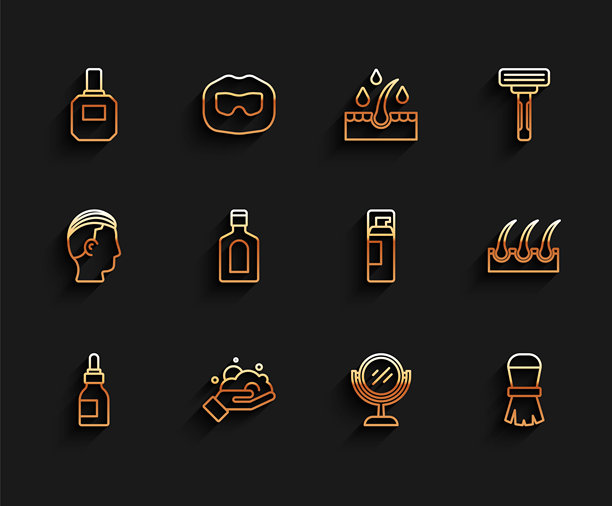 线条图：油瓶、手上的剃须泡沫、须后水、手镜、刷子、洗发水瓶、人类毛囊和凝胶图标。矢量图。图片下载