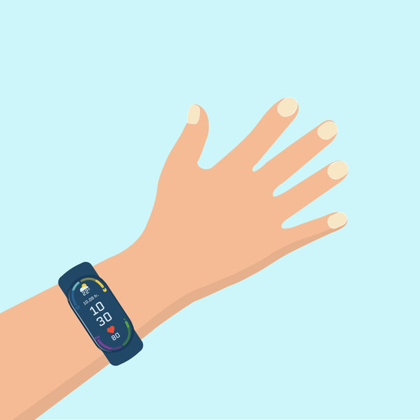 运动智能手表佩戴在一个人手上，逼真的健身手环，矢量图，扁平设计，健身追踪器。心率监测仪，健身。图片下载