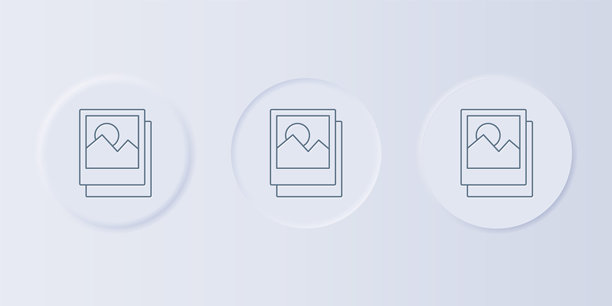 灰色照片图标，背景为灰色。方形按钮中的图标集合。矢量图。图片下载