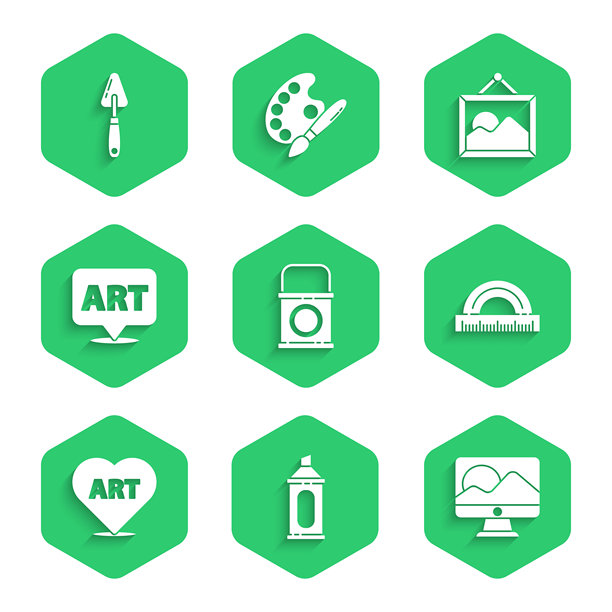 油漆桶、马克笔、计算机显示器、量角器、带文字艺术的心形、对话气泡、风景图片和调色刀图标。矢量图。图片下载