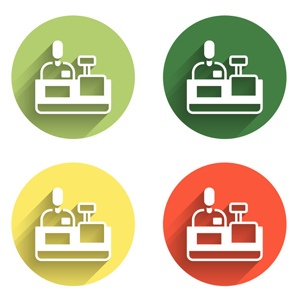 超市收银员图标，带有长阴影背景。商店助理，穿着超市制服的收银员在收银台前。彩色圆形按钮。矢量图。图片下载