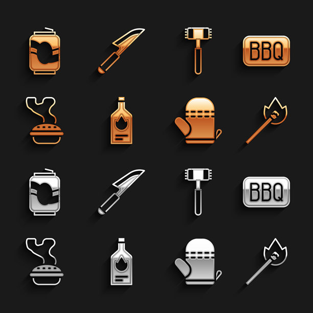 塔巴斯科酱、烧烤、燃烧的火柴、烤箱手套、自制派、厨房锤、苏打罐和刀具图标。矢量图。图片下载