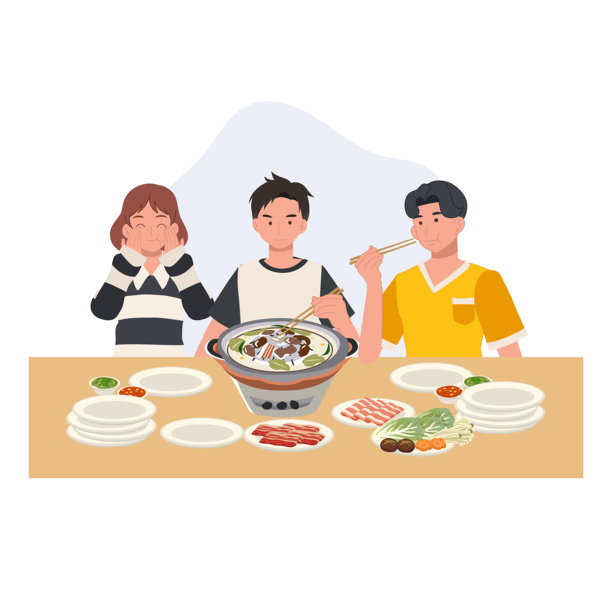 朋友们在共享的桌面烤炉旁享受泰式烧烤火锅，周围摆满了烤肉、蔬菜和调料。图片下载