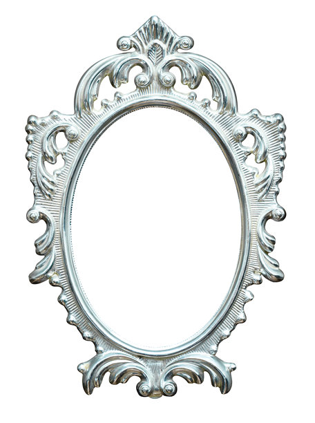 复古银色椭圆镜子或照片框，孤立在白色背景上图片下载