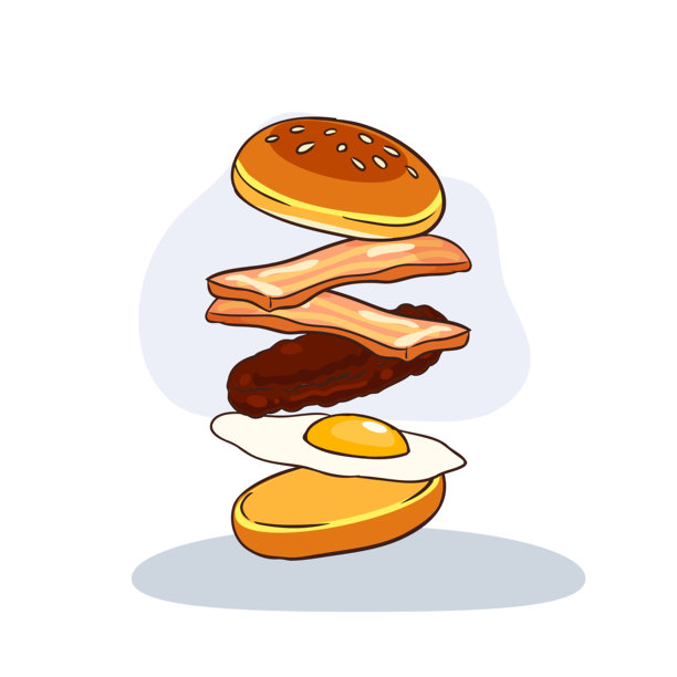 美味的培根蛋汉堡爆炸视图，包含烤牛肉饼、培根条和芝麻面包的矢量艺术图片下载