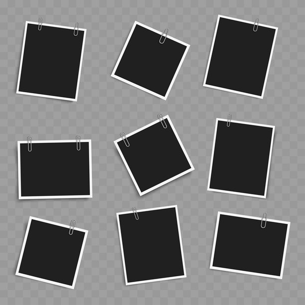 一组带夹子的空白照片框。真实的模型。矢量图。图片下载