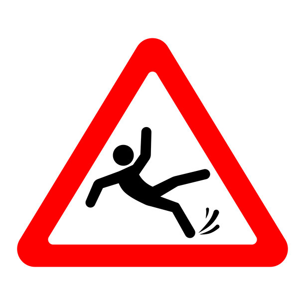 滑倒警告三角标志。红色三角形湿滑地面警告标志图片下载