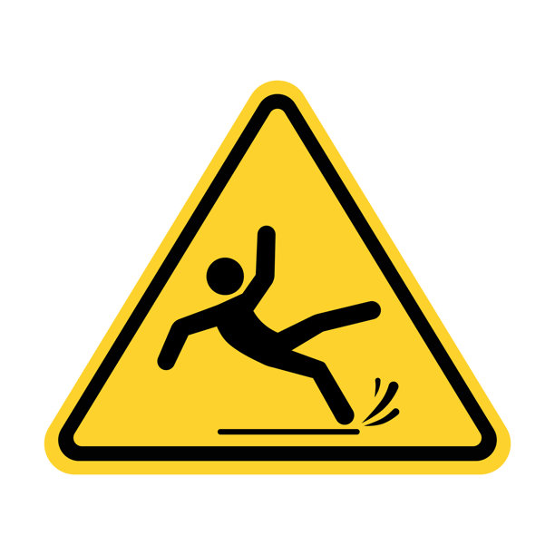 滑倒警告黄色三角标志。小心湿滑地面标志，黄色三角形。图片下载