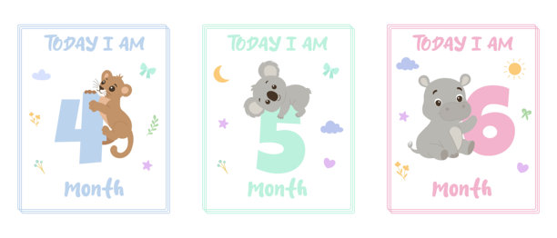 可爱的动物婴儿里程碑卡，适用于4、5、6个月。婴儿每月成长照片道具。新生儿年龄追踪器。图片下载