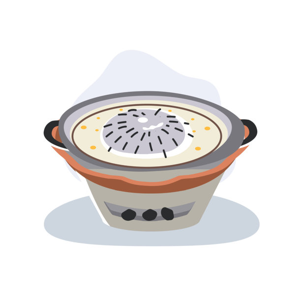 泰式烧烤火锅平底锅插图，展示了带汤底的木卡塔，准备在炉子上供亚洲人用餐。图片下载