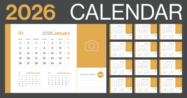 2026年每月日历 - 极简主义风格的企业横向日历 - 2026年矢量模板，带有照片和个性化空间 - 欧洲网格 - 一周从星期一开始图片下载