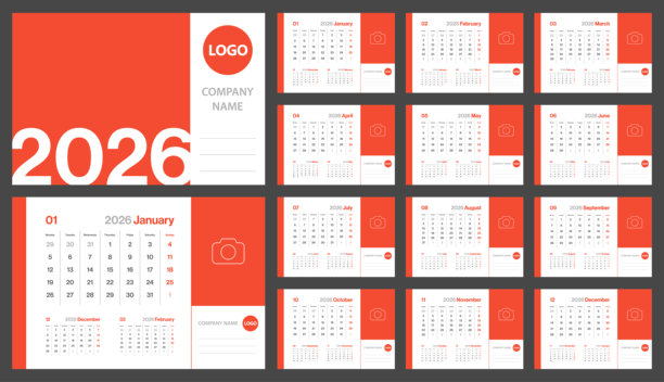 2026年每月日历 - 极简主义风格的企业横向日历 - 2026年矢量模板，带有照片和个性化空间 - 欧洲网格 - 一周从星期一开始图片下载