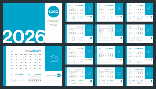 2026年月历 - 极简主义风格的企业横向日历 - 2026年矢量模板，带有照片和个性化空间 - 欧洲网格 - 一周从星期日开始图片下载