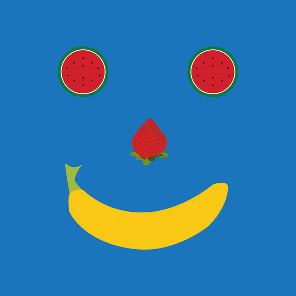 创意水果脸插图，西瓜眼睛，草莓鼻子，香蕉微笑，背景为蓝色图片下载