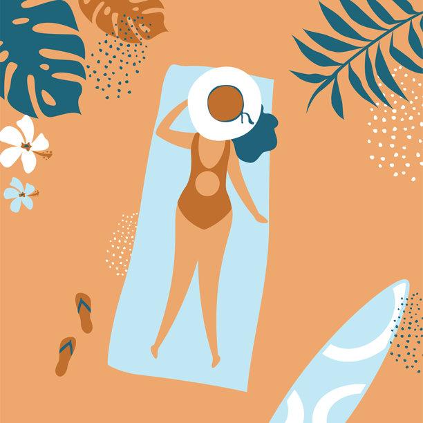 Beautiful tanned girl in swimsuit sunbathing on the beach on sea or ocean. Woman lying on towel on sandy shore after surfing. Top view. summer time, relax, rest and vacation图片下载