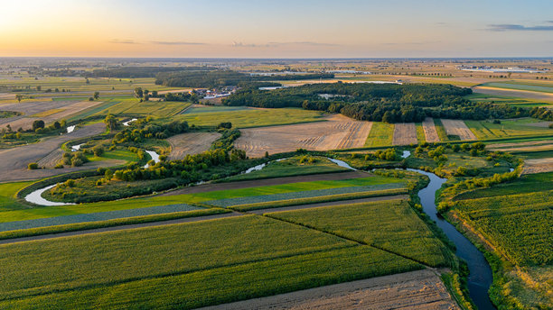 波兰蜿蜒的普罗斯纳河在耕作的田野中流淌的无人机照片。美丽的乡村风景被温暖的夕阳光照亮。图片下载