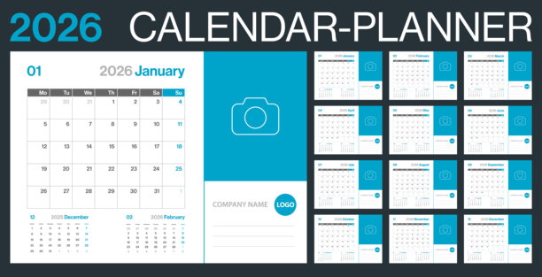 2026年日历规划 - 极简主义风格的企业横向日历模板 - 适用于2026年 - 带有照片位置的矢量模板 - 欧洲网格 - 一周从星期一开始图片下载