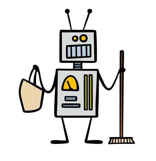 可爱友好的复古风格机器人帮助做家务。搞笑的矢量插图展示了一位金属女管家在打扫卫生并去商店购物。图片下载