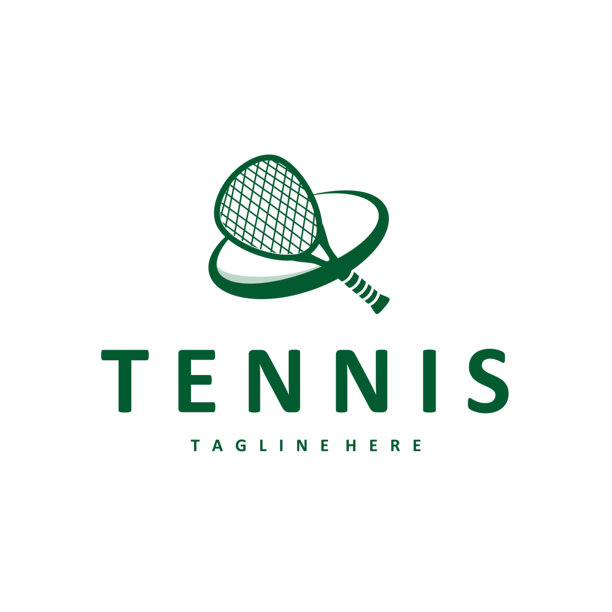 网球logo设计概念，简单的黑色轮廓，包含网球和网球拍的运动品牌产品插图模板图片下载