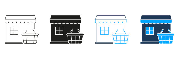 商店前台与购物篮线条和实心图标集。零售业务，电子商务，购物符号集合。小型企业和市场的表现。孤立的矢量插图。图片下载
