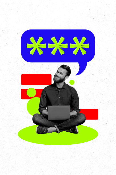 快乐商人类型的垂直照片拼贴，使用MacBook设备，五彩气泡通知短信，自由职业者，背景为涂鸦风格。图片下载