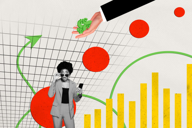 交易员工作商业财富的复合趋势艺术作品草图，照片拼贴，年轻女士惊讶的表情，手持手机，富有成功与金钱。图片下载