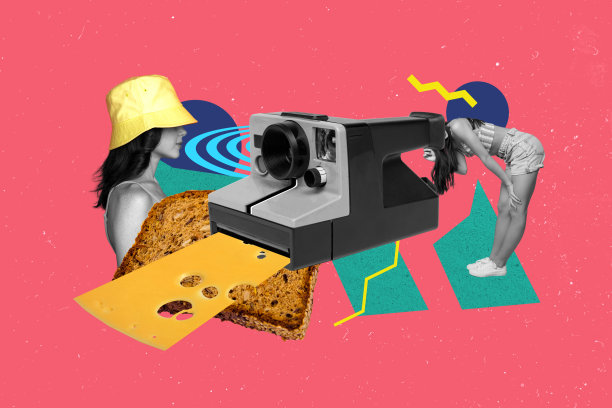 有趣女士们用复古相机拍照的极简风格照片拼贴艺术作品，背景为图形设计。图片下载