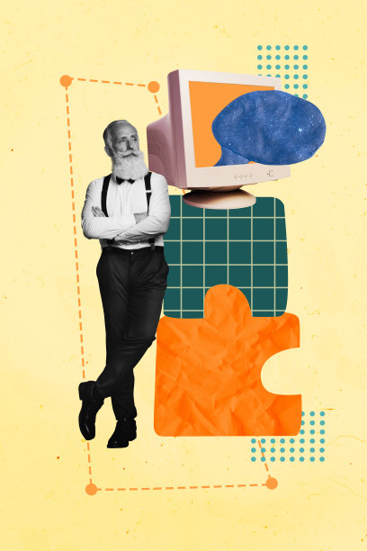 老年人站在电脑显示器前，手持拼图块，构思创意的合成趋势艺术草图照片拼贴。图片下载