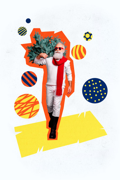 快乐时尚的老人在涂鸦背景下竖直照片拼贴中提着新年树，庆祝圣诞节，装饰着欢快的冬季元素。图片下载