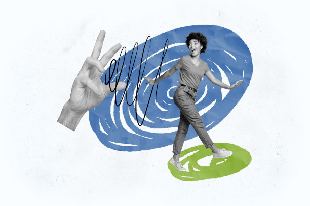 单色学生年轻女性走路时遭受巨大手势操控的合成趋势艺术草图照片拼贴图片下载