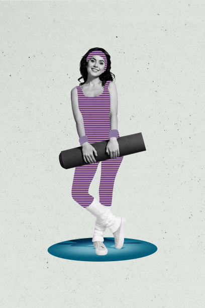运动活力训练的年轻女性运动员穿着运动服，手持健身垫的趋势艺术素描照片拼贴。图片下载