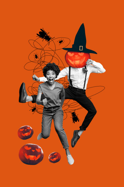 惊讶的美国女孩与万圣节南瓜、昆虫和怪异的舞者杰克头人一起的垂直照片拼贴，背景为涂鸦风格。图片下载