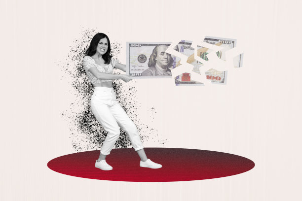 不满意的无经验女孩手持破碎的钞票，表现出破产和商业失败的复合照片拼贴，背景为涂鸦风格。图片下载