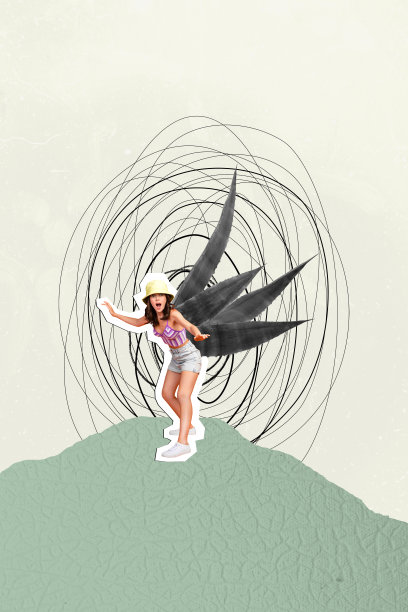 灰色调的艺术作品照片拼贴，描绘了户外自然道路上的年轻女士，身后有如叶子般的仙女翅膀，面露惊讶之情。图片下载