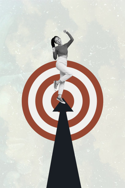年轻女商人庆祝飞镖靶子，市场营销目标受众，幻想广告牌，漫画杂志的拼贴画图片图片下载