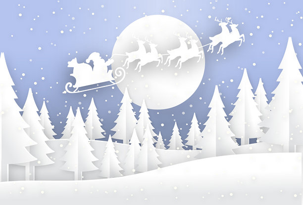 圣诞纸雕塑，雪花飘落的冬季场景，圣诞老人、雪橇和他的驯鹿在树木上方的月亮前飞翔。图片下载