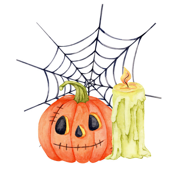 橙色南瓜灯、绿色蜡烛和黑色蜘蛛网，采用水彩插图风格。适合万圣节贺卡、海报或贴纸的节日南瓜组合素材。图片下载