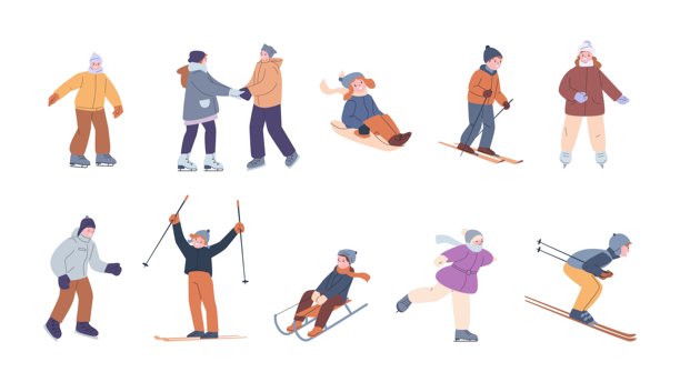 儿童冬季活动。滑雪、滑冰和雪橇角色。孤立的孩子们在练习滑冰。季节性户外游戏，矢量剪贴画。图片下载