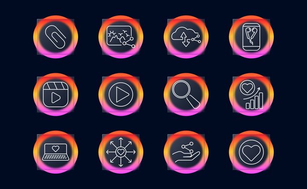 社交媒体互动图标集。展示心形、分享、视频、播放、照片、链接、图表、搜索、放大镜、上传、网络和情感互动视觉元素。图片下载