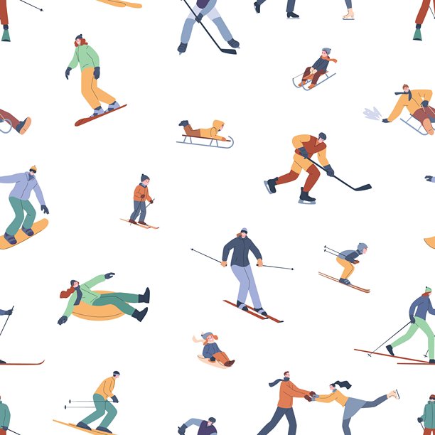 冬季运动无缝图案。成人和儿童滑雪、滑冰、滑雪橇。户外季节性活动角色。时尚印刷设计，矢量背景。图片下载